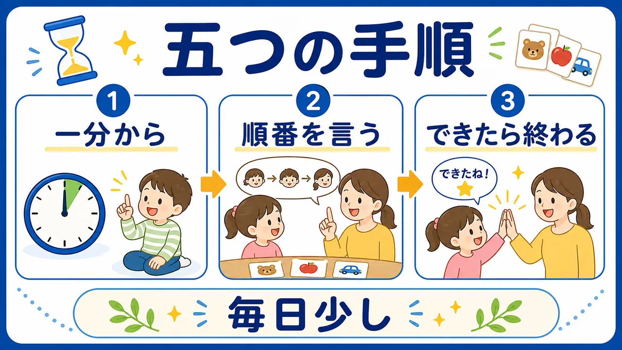 一分から始め、順番を言い、できたら終える手順の図