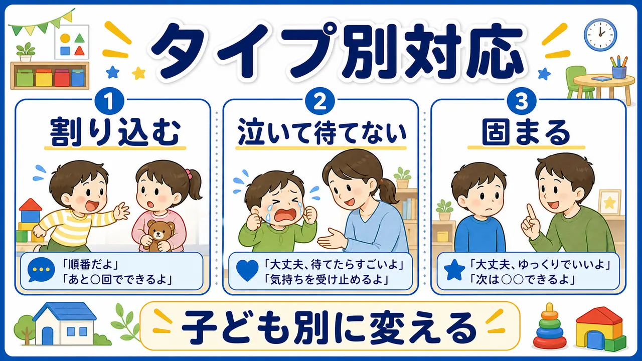 割り込む子、泣く子、固まる子の対応を分ける図