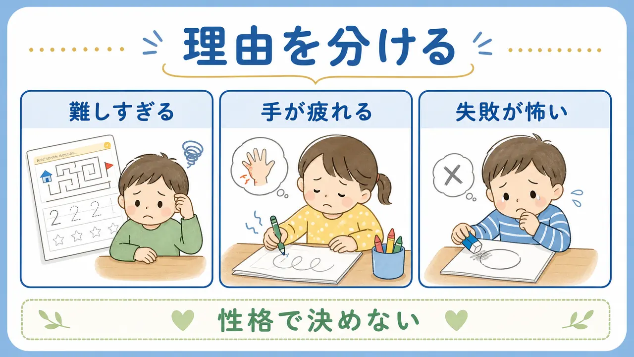 幼児がワークを嫌がる理由を、難しさ、手の疲れ、失敗への怖さに分ける要約画像