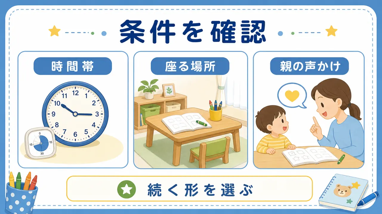ワークを始める前に、時間帯、座る場所、親の声かけを確認する要約画像