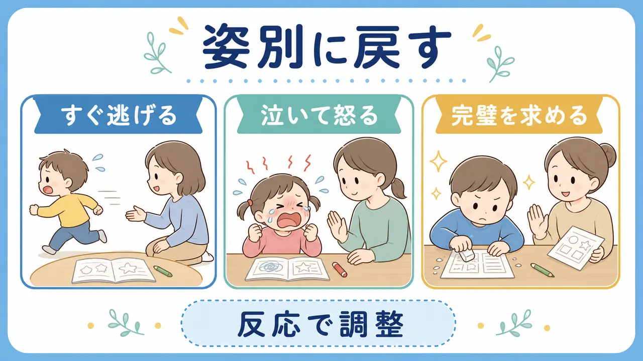 ワークから逃げる、泣いて怒る、完璧を求める幼児に合わせて戻し方を変える要約画像
