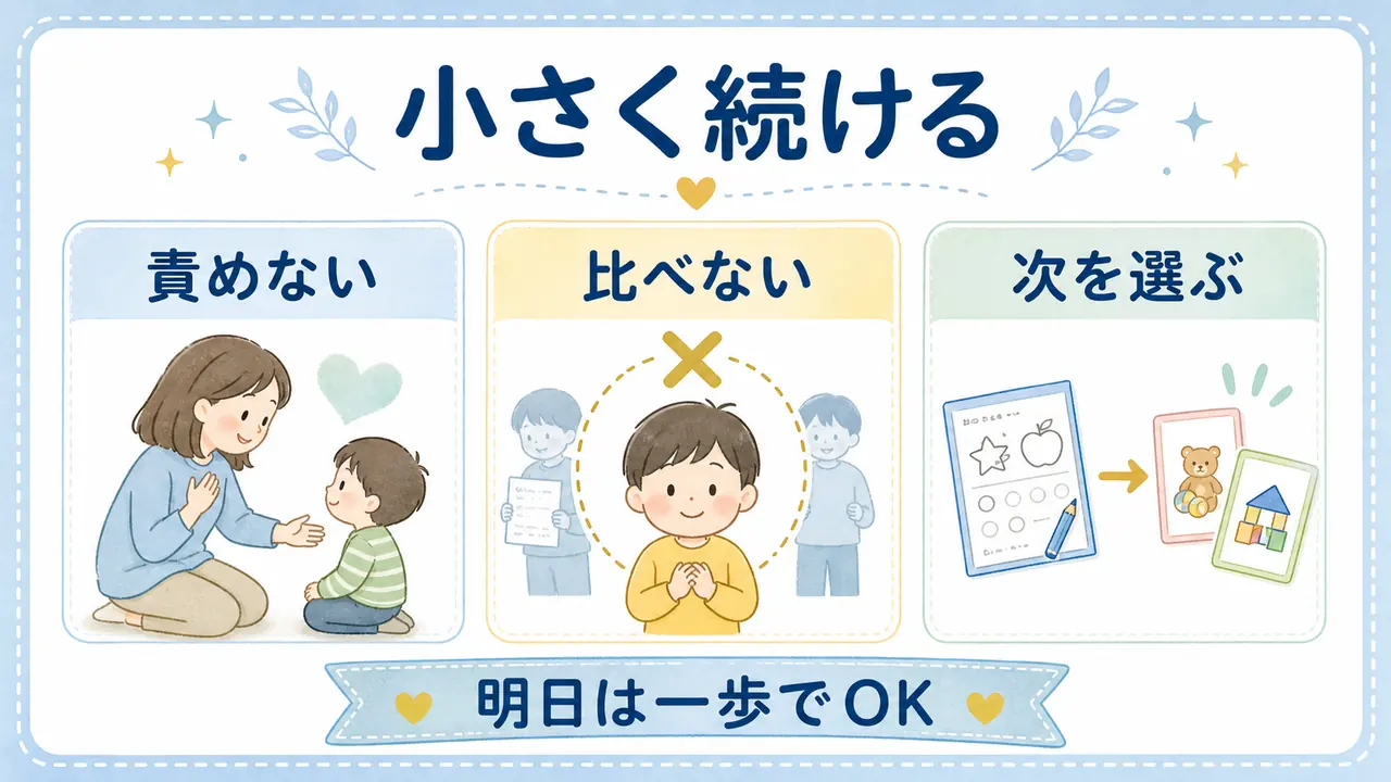 幼児のワーク嫌いを責めず、比べず、次の小さな一歩を選ぶ要約画像
