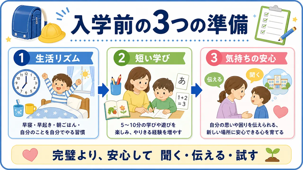 小学校入学前の準備を生活リズム、短い学び、気持ちの安心の3つで整理する図