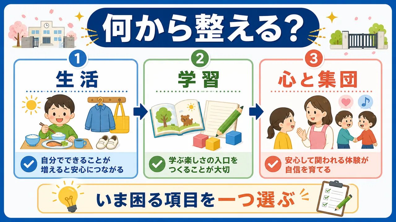 小学校入学前の準備を生活、学習、心と集団の3つに分けて優先順位を決める図