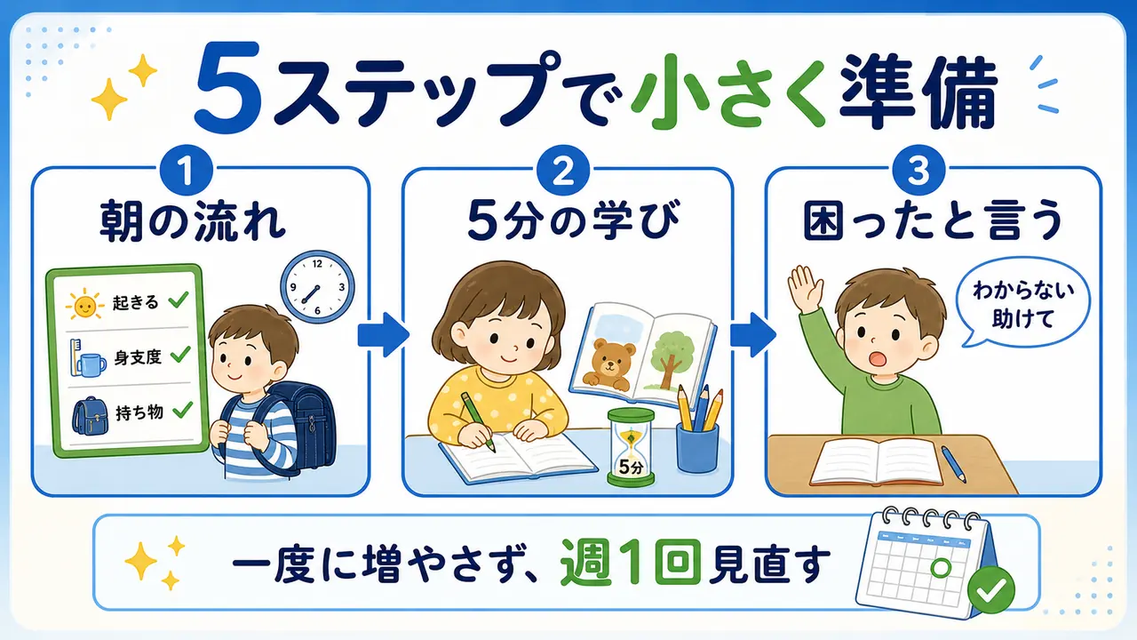 入学準備を朝の流れ、5分の学び、困ったと言う練習から小さく進める図