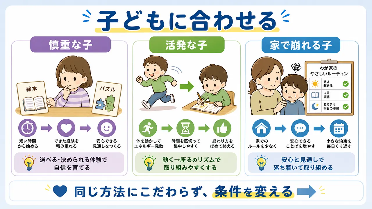 慎重な子、活発な子、家で崩れる子に合わせて入学準備の条件を変える図