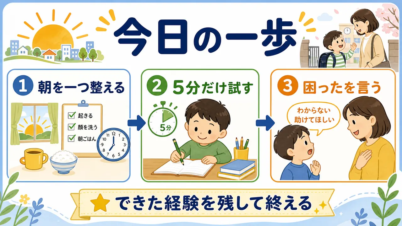 今日からできる入学準備として、朝を一つ整える、5分だけ試す、困ったと言う練習を示す図