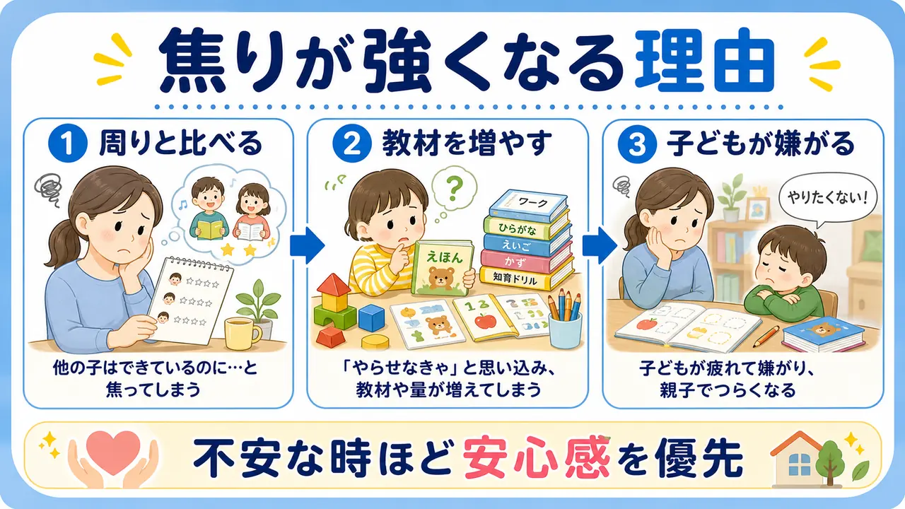 幼児教育で焦りが強くなる理由として、周りと比べる、教材を増やす、子どもが嫌がる流れを示した図