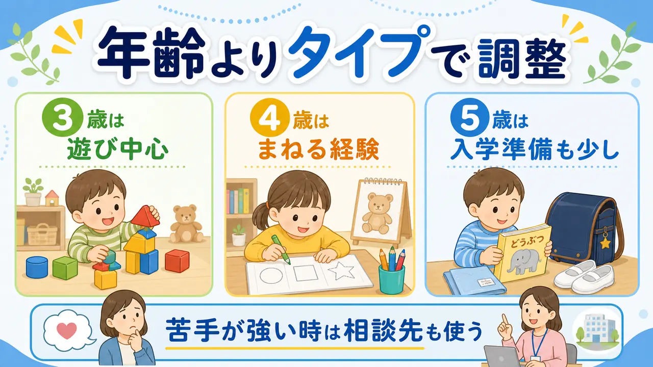 幼児教育の進め方を3歳は遊び中心、4歳はまねる経験、5歳は入学準備も少しと整理した図