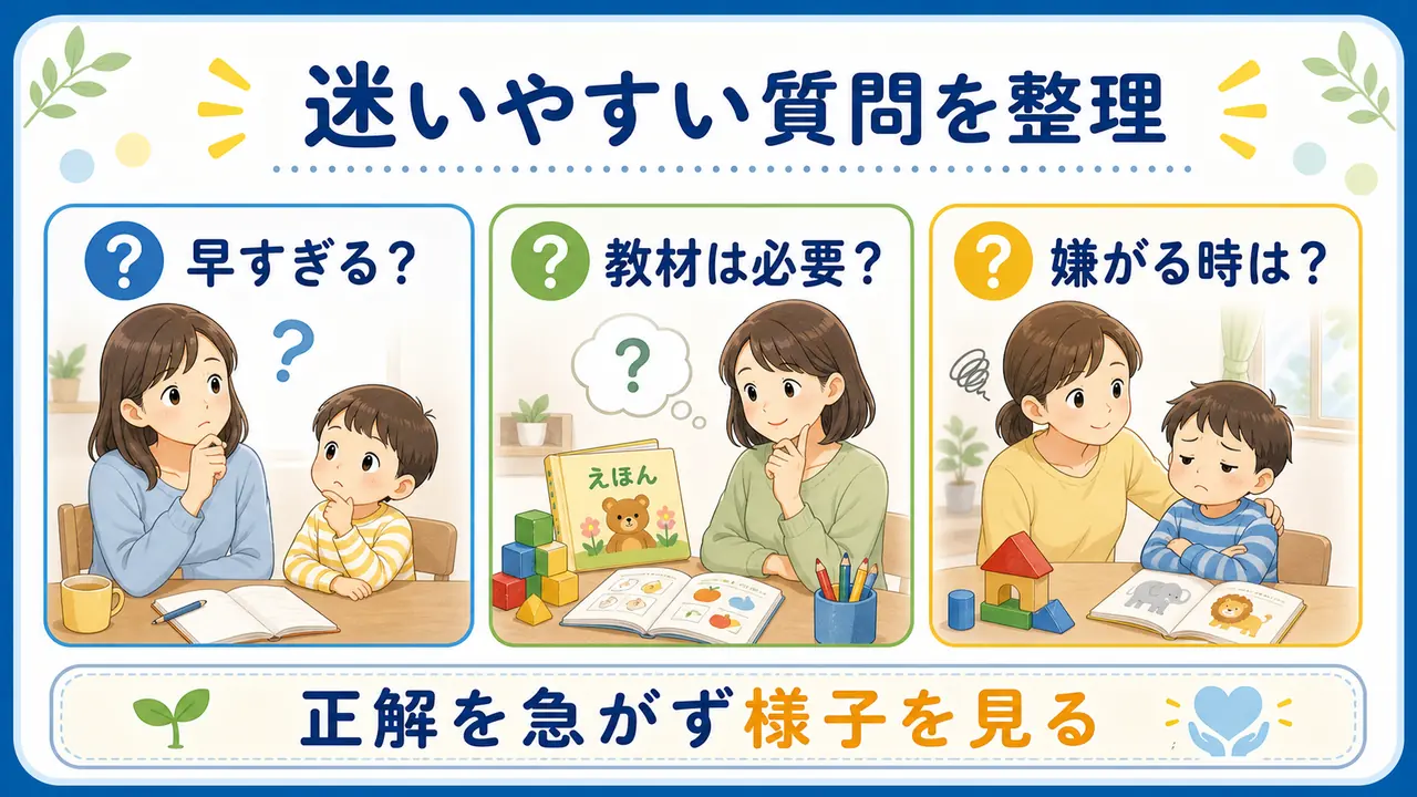 幼児教育の早すぎる不安、教材の必要性、嫌がるときの対応を整理した図