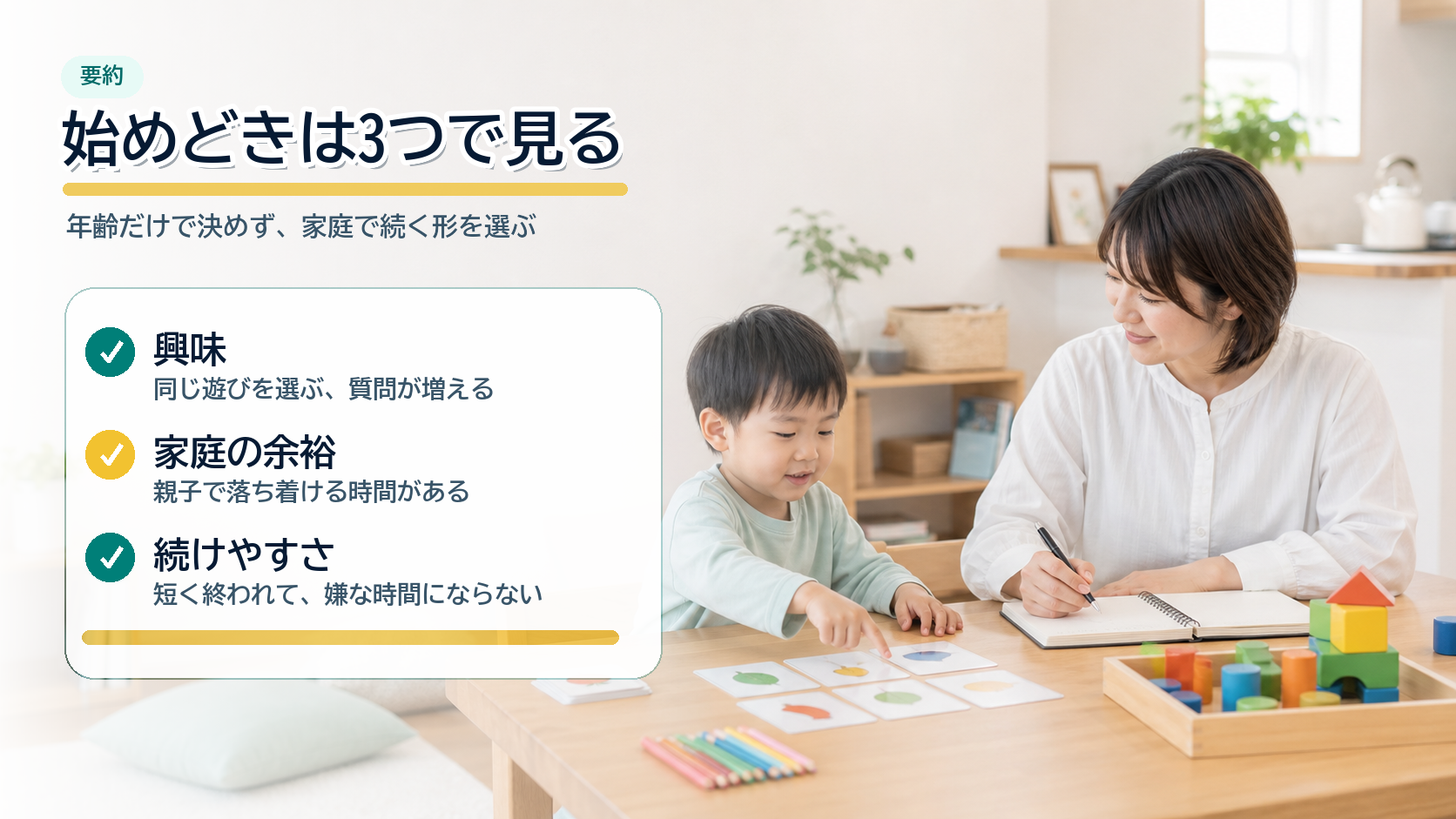 幼児教育の始めどきを年齢だけでなく興味と家庭の余裕で見る要約画像