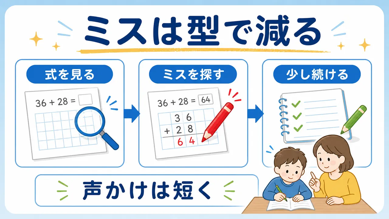 式を見る、ミスを探す、少し続ける流れを示した図