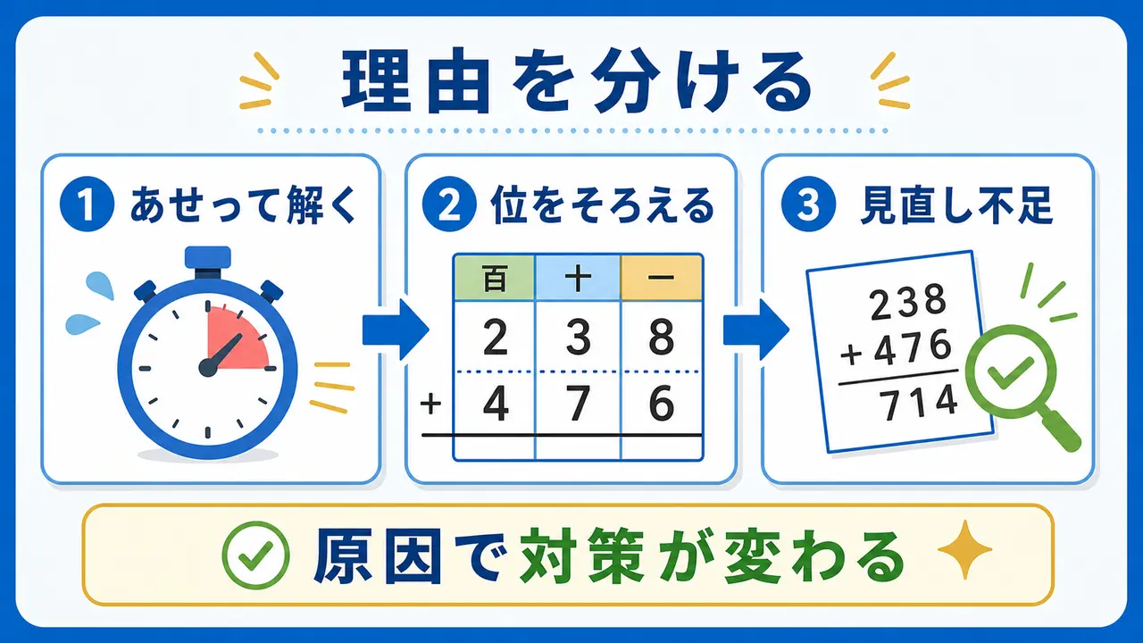 あせって解く、位をそろえる、見直し不足の三つに分けた図