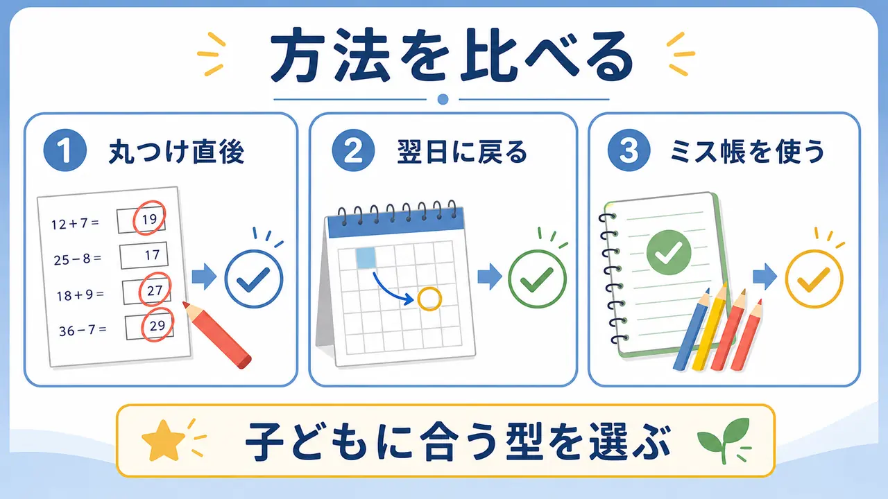 丸つけ直後、翌日に戻る、ミス帳を使う方法を比べた図