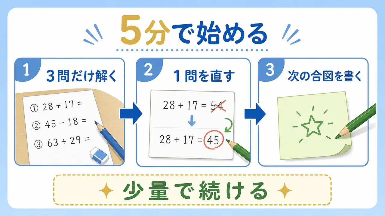 3問だけ解き、1問を直し、次の合図を書く手順を示した図