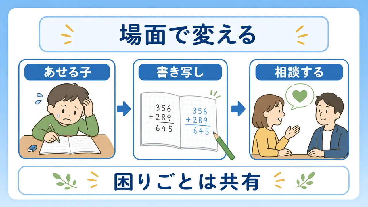 あせる子、書き写し、相談する場面別に声かけを変える図