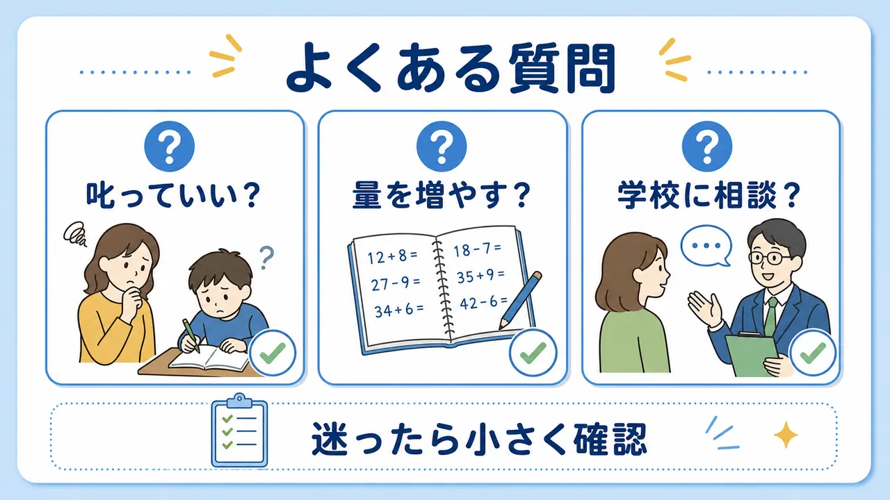 叱っていいか、量を増やすか、学校に相談するかを整理したFAQ図