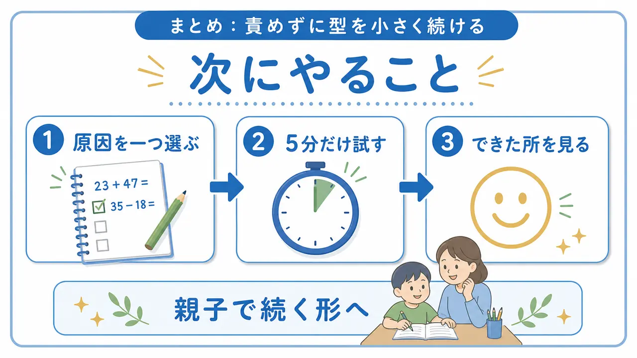 原因を一つ選び、5分だけ試し、できた所を見る次の行動を示した図