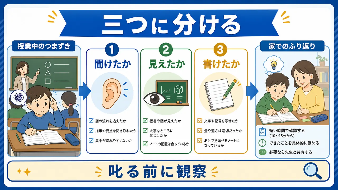 授業の困りごとを聞く、見る、書くに分けて確認する図