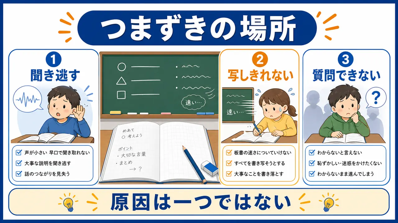 授業でつまずく場所を聞き逃し、写しきれない、質問できないに分けた図