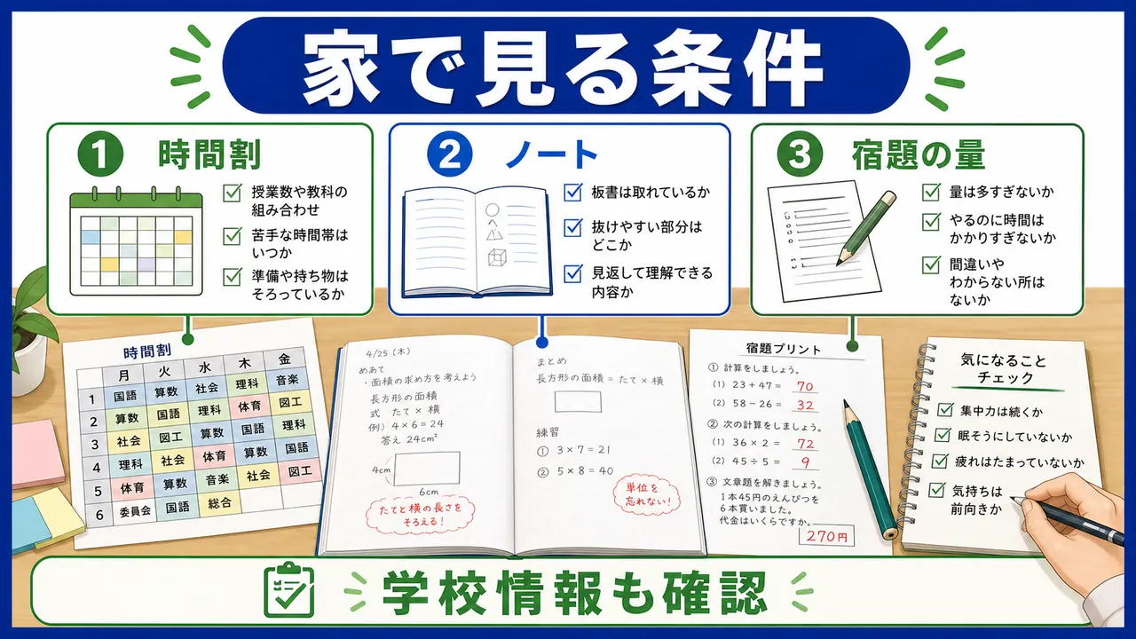 時間割、ノート、宿題の量を家庭で確認する条件の図