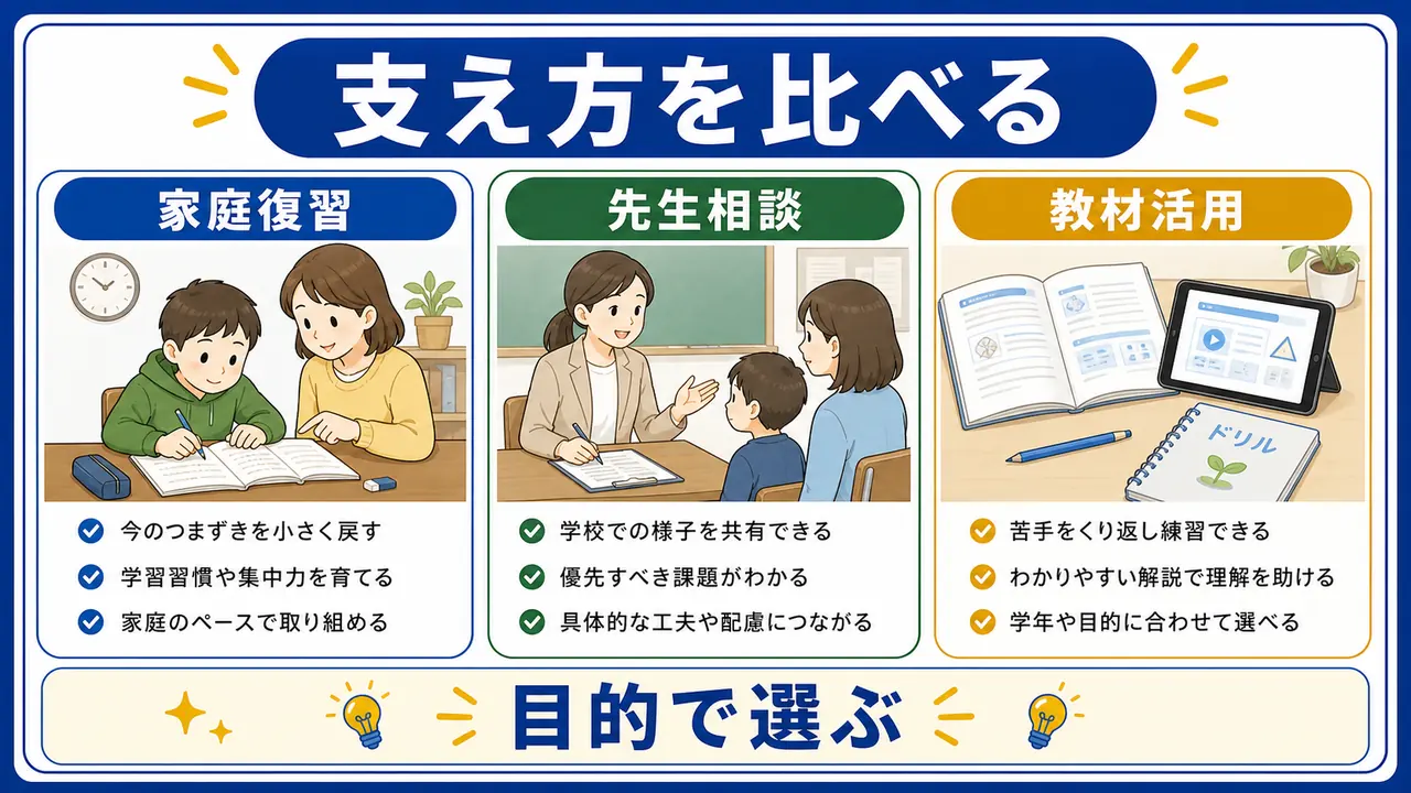 家庭復習、先生相談、教材活用の支え方を比べる図