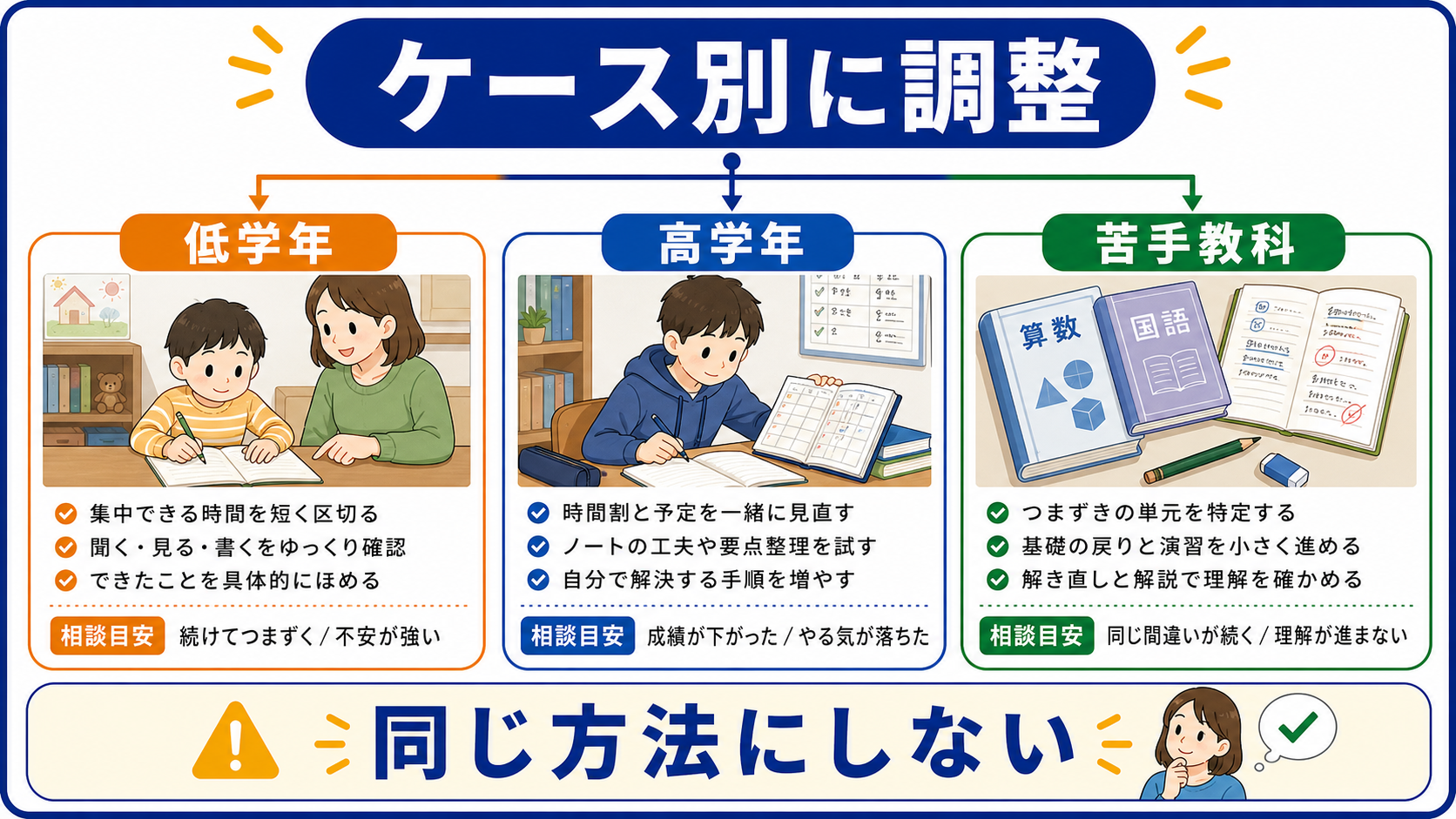 低学年、高学年、苦手教科で支え方を調整する図