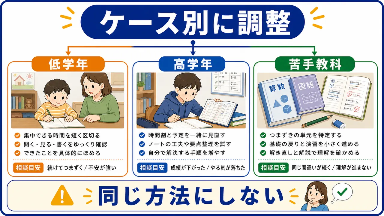 低学年、高学年、苦手教科で支え方を調整する図