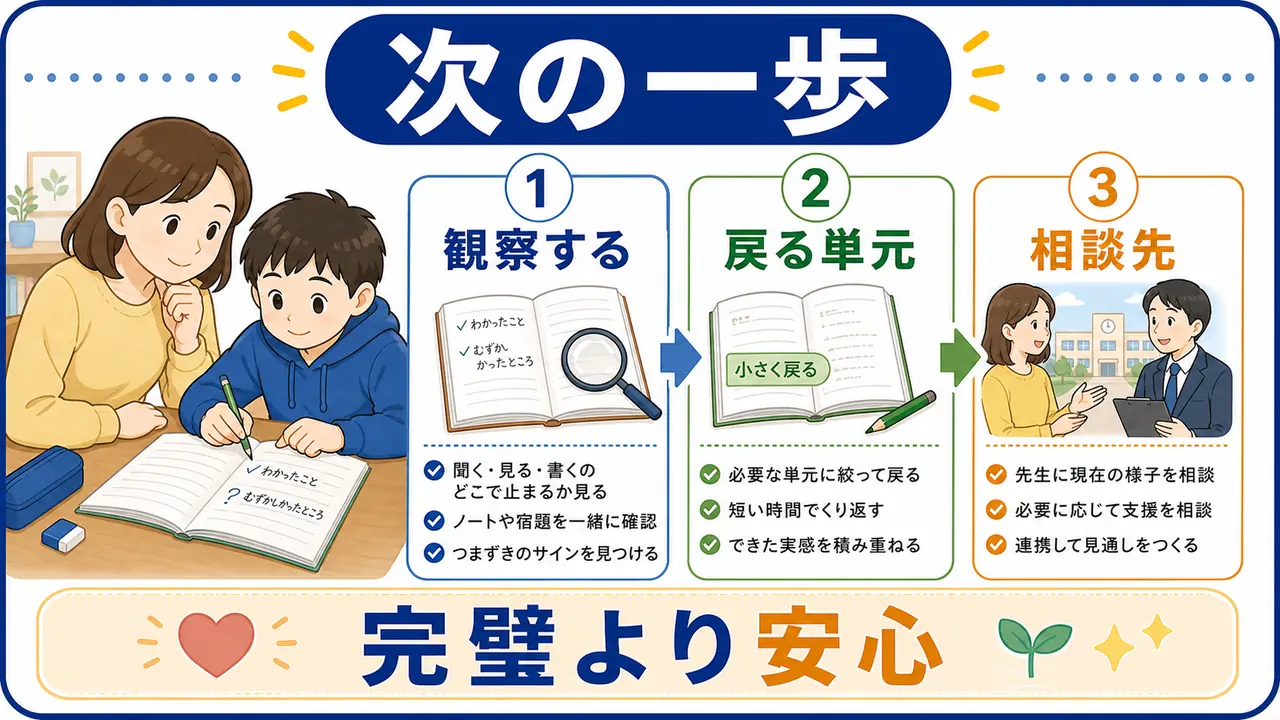 授業の困りごとに対して観察、戻る単元、相談先を決める図
