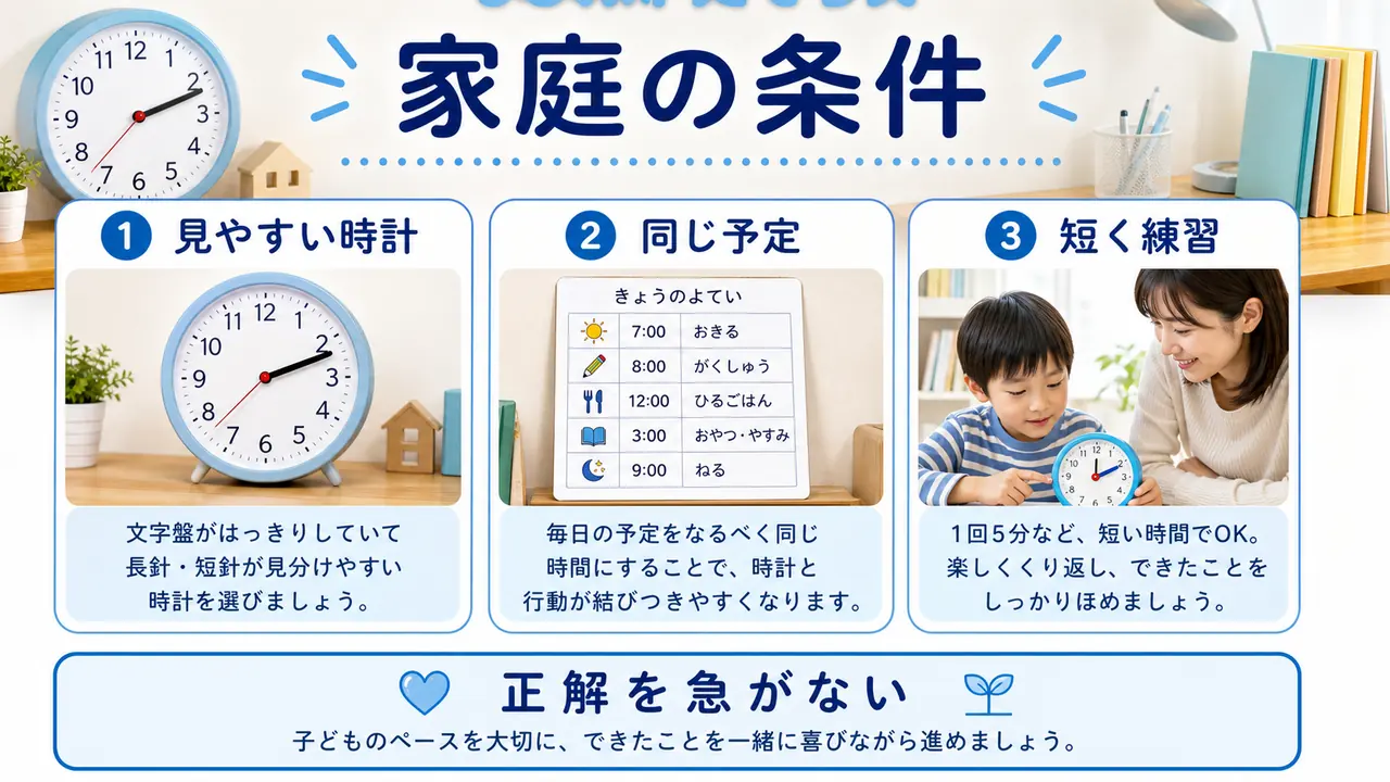 使う時計、予定、声かけ、練習時間を確認する図