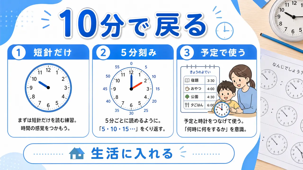 時計を読めるように戻るステップ図