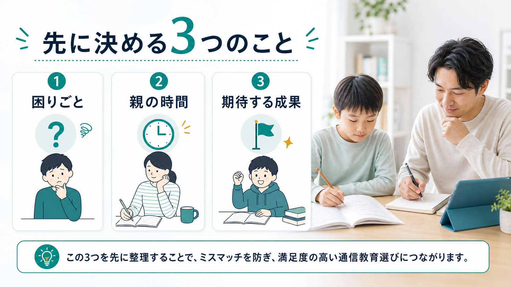 通信教育を選ぶ前に決める3つのことを示した図解。困りごと、親の時間、期待する成果を整理しています。