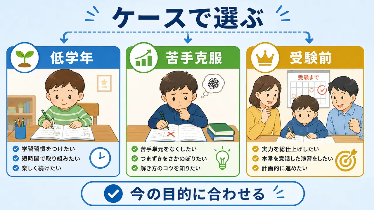 低学年、苦手克服、受験前のケース別に通信教育を選ぶ観点を示した図