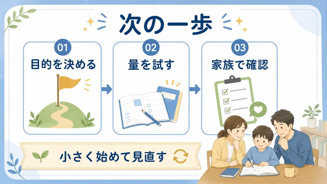 通信教育を目的を決める、量を試す、家族で確認する順に進める図