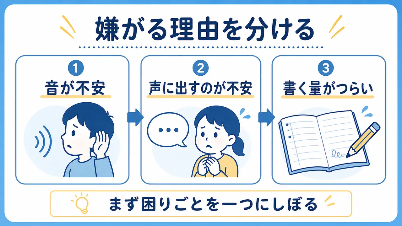 英語を嫌がる理由として、音の不安、声に出す不安、書く量の負担を示した図