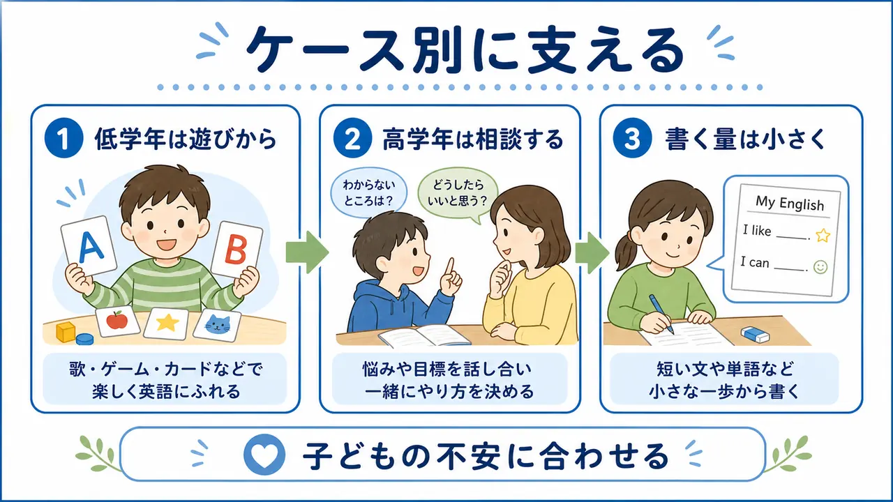 低学年、高学年、書く量が負担な子に合わせて英語の支え方を変える図