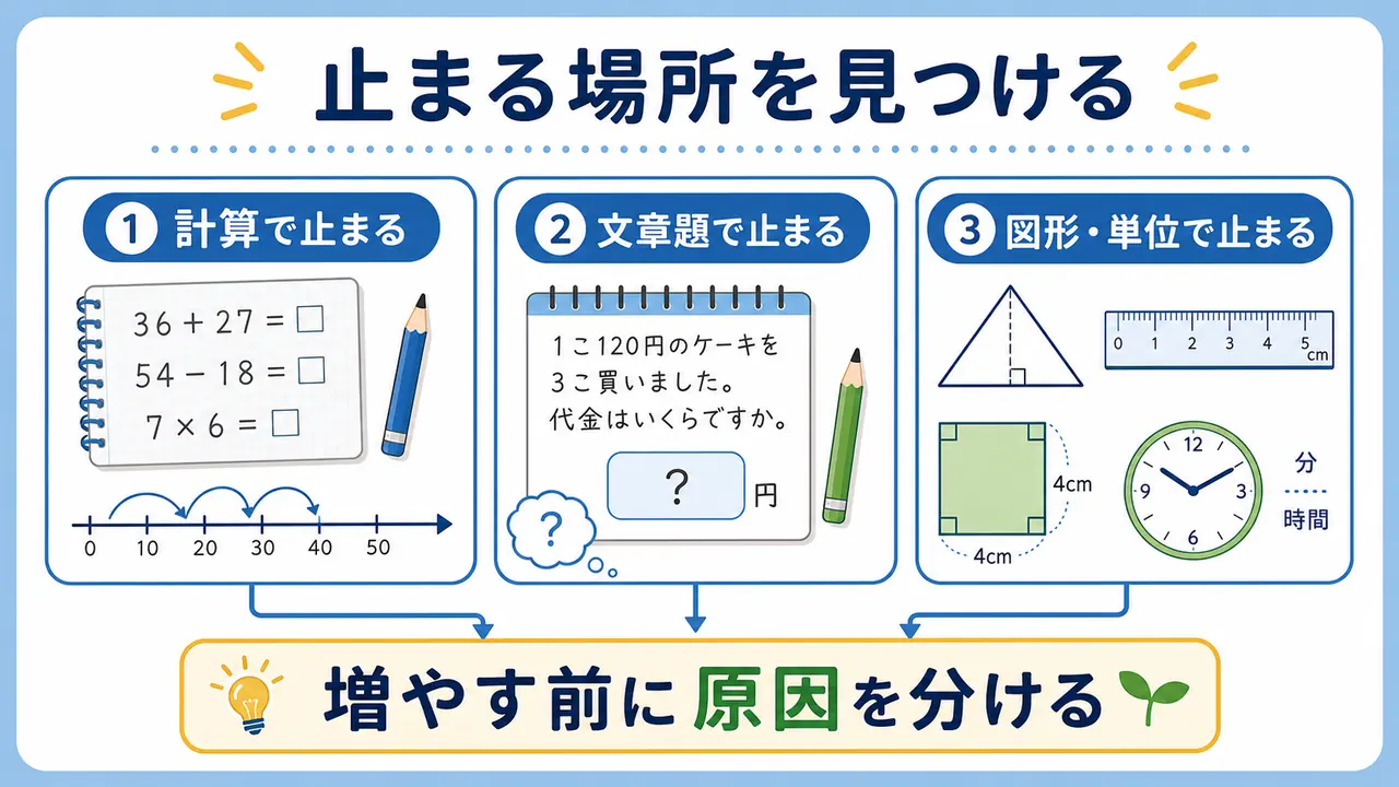 算数のつまずきを計算、文章題、図形と単位に分けて見つける図