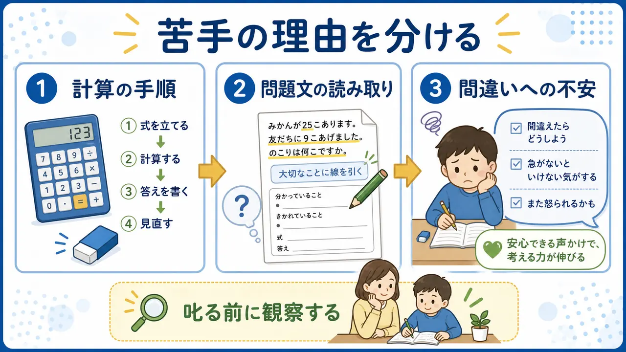 算数が苦手に見える理由として、計算の手順、文章題の読み取り、間違いへの不安を示した図