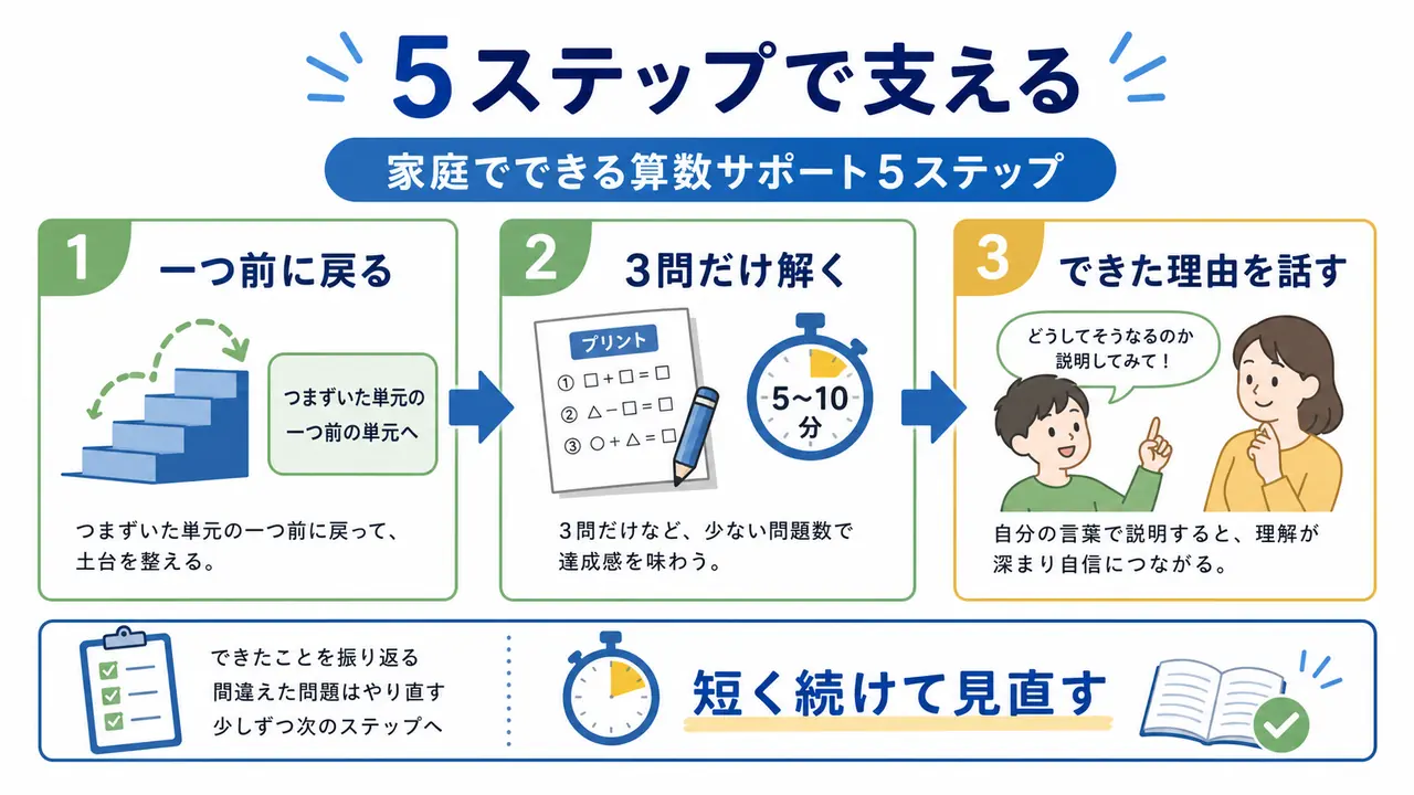 算数を支えるために、一つ前に戻る、3問だけ解く、できた理由を話す流れを示した図