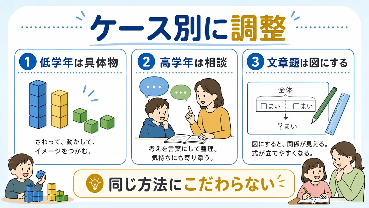 低学年、高学年、文章題が苦手な子に合わせて算数の支え方を変える図