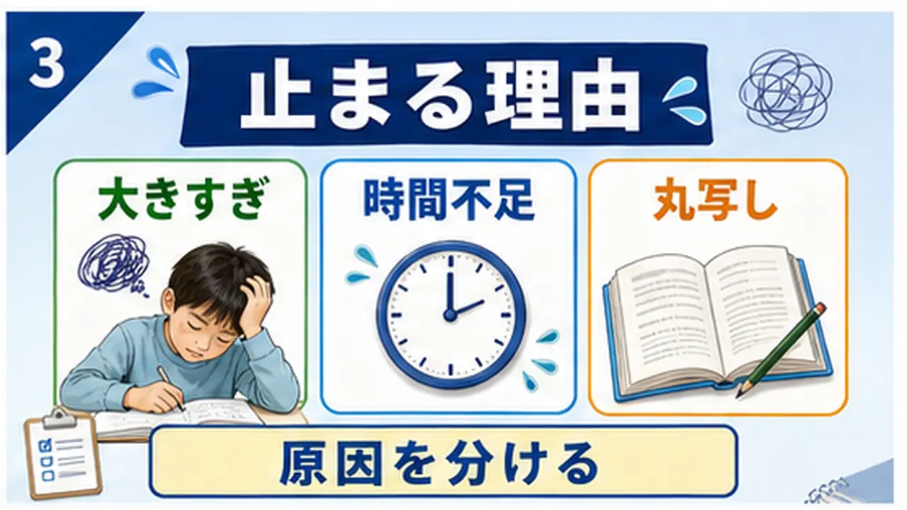 テーマが大きすぎる、時間がない、丸写しになる理由を分ける図