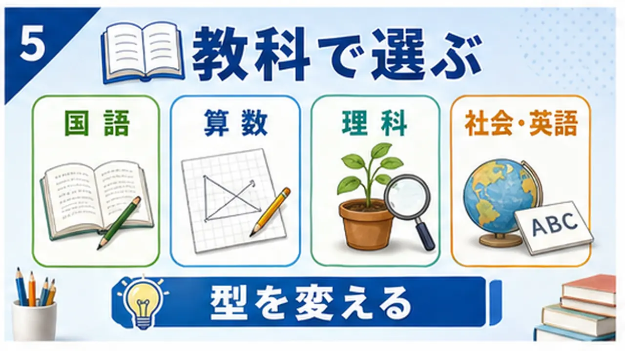 国語、算数、理科社会、英語のテーマを比べる図