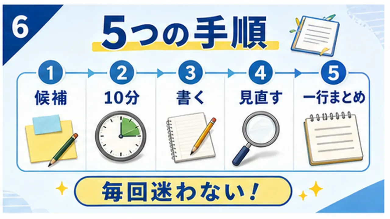候補を三つ出し、一つ選び、一行まとめる手順の図