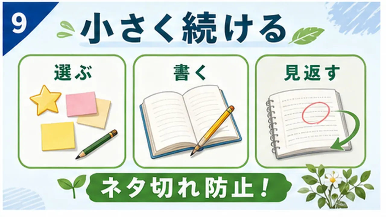 候補を出す、短く書く、見返す流れをまとめる図