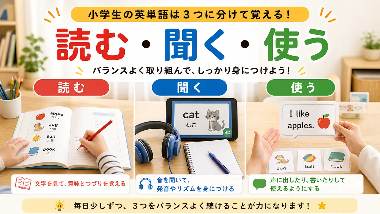 英単語を読む、聞く、使うに分けて練習する流れを示す図