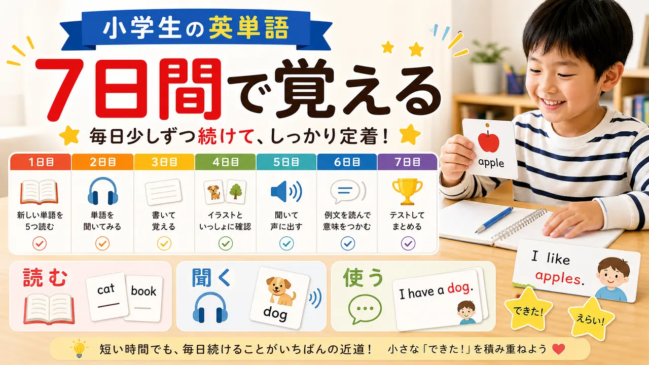 小学生が英単語を7日間で復習する手順図