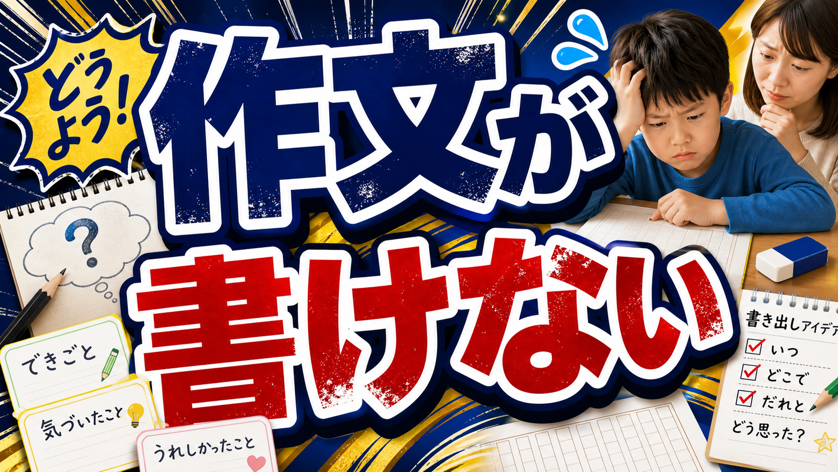 作文が書けず原稿用紙の前で迷う小学生と、考えを出すカードを一緒に見る保護者のアイキャッチ画像