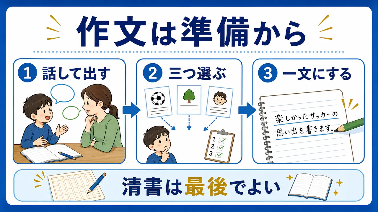 作文は話す、三つ選ぶ、一文にする順番で準備から始める図