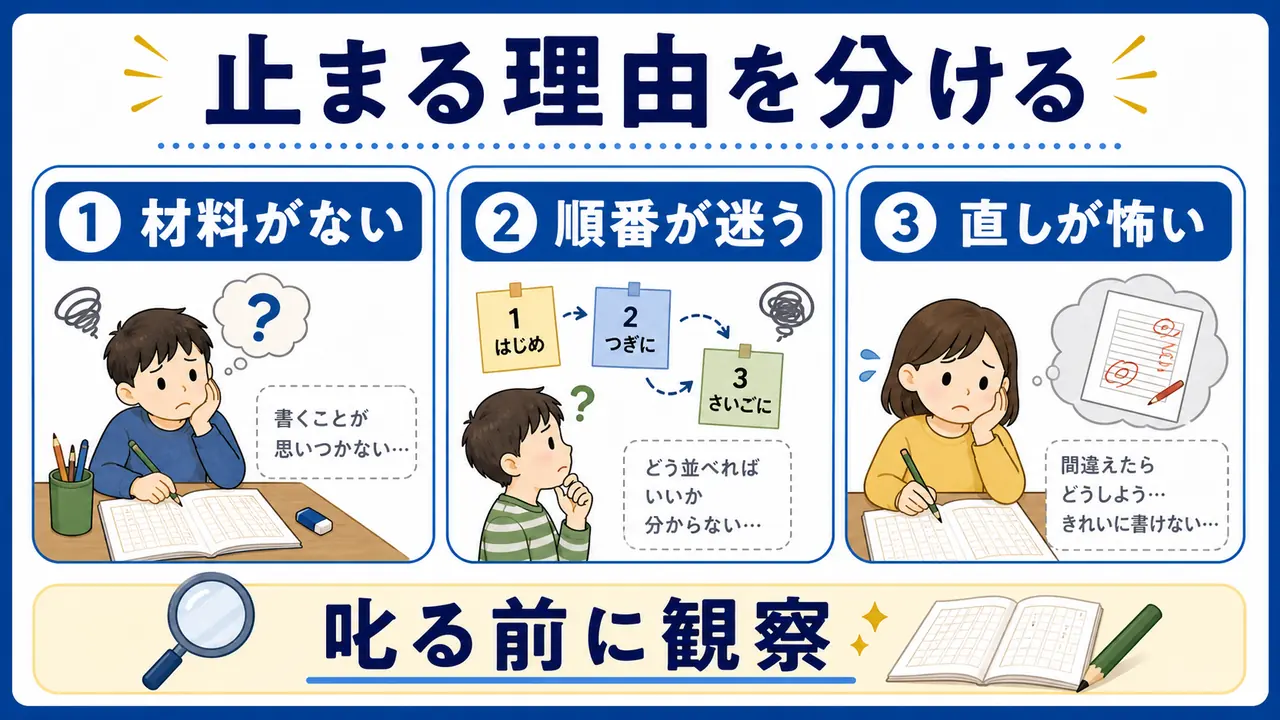 作文で手が止まる理由を材料がない、順番が迷う、直しが怖いに分けた図
