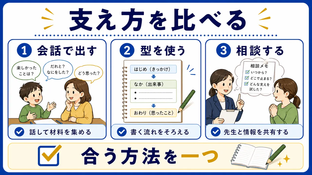 作文の支え方として会話、型、相談を比べる図